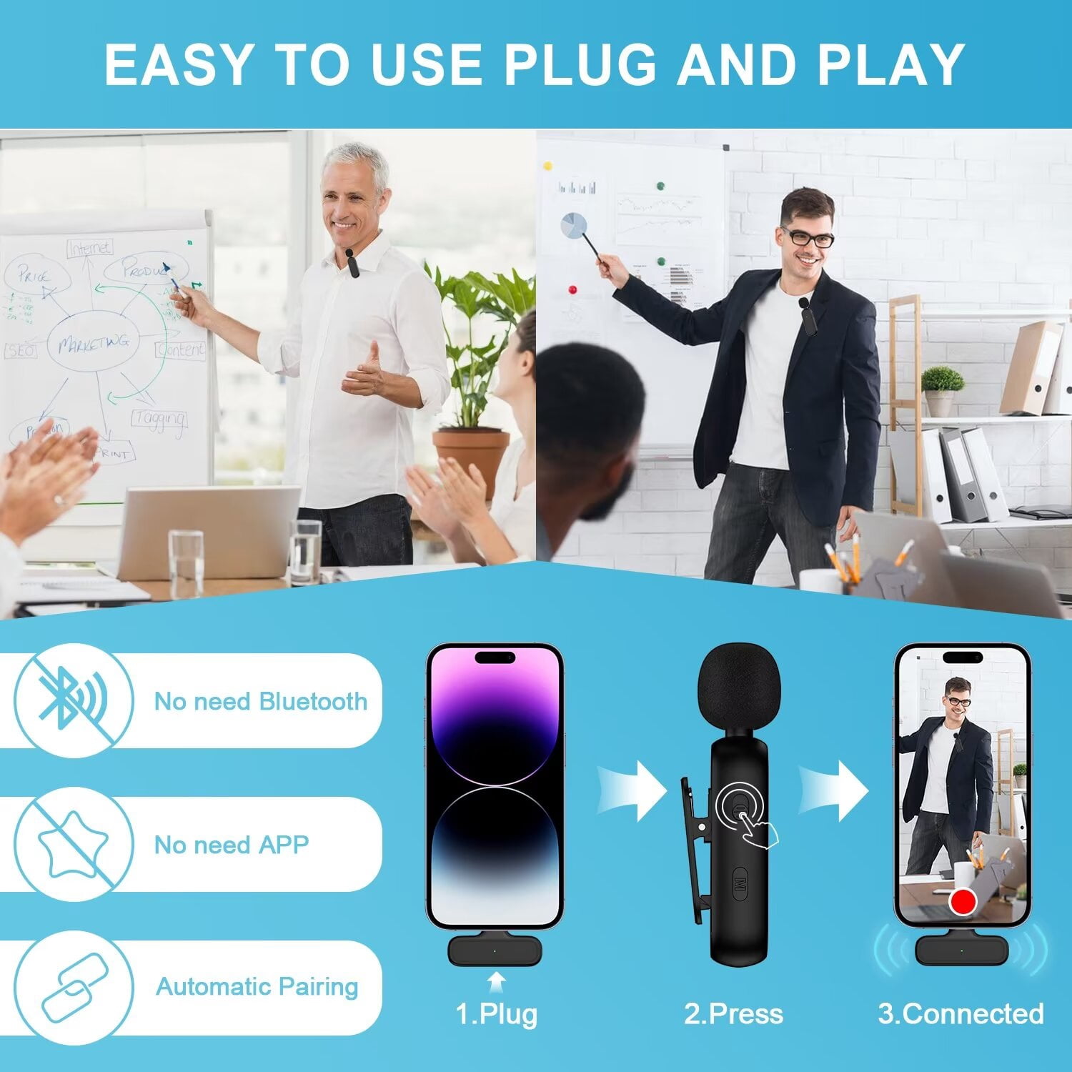 AILKIN 2 Pack Wireless Lavalier Microphones for Android with Charging Case,Plug-Play Mini Microphone,Noise Reduction,Clip on Lapel Mic for Video Recording Vlog,TikTok,YouTube,Interview
