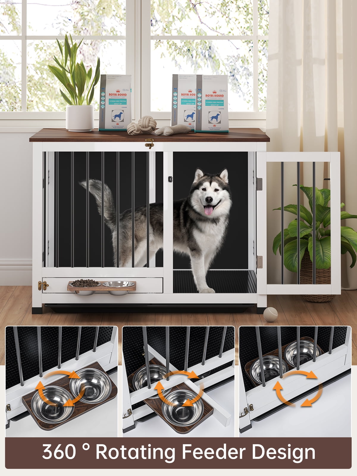 39.4"  Collapsible Dog Crate Furniture - Indoor Wooden Kennel with 360° Rotating Feeder & Removable Tray | Sturdy End Table for Medium & Large Dogs | Easy Assembly, Pet Cage for Living Room