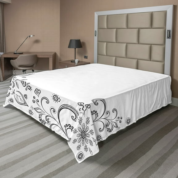 Ambesonne Floral Flat Sheet, Botanical Sketchy Bouquet, California King, Black White