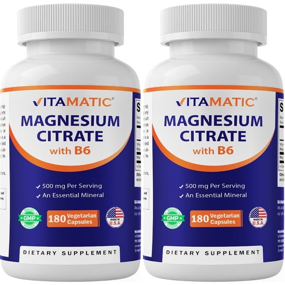 Vitamatic Magnesium Citrate 500mg per Serving - 180 Vegetarian Capsules (Provides 150 mg of Elemental Magnesium) - Added B6 for Maximum Absorption - Supports Muscle, Joint, and Heart Health* - 2 Pack