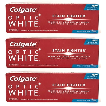Colgate Optic White Stain Fighter Anticavity Fluoride Toothpaste, Fresh Mint Gel, 4.2 Ounces (Pack Of 3) Packaging May Vary