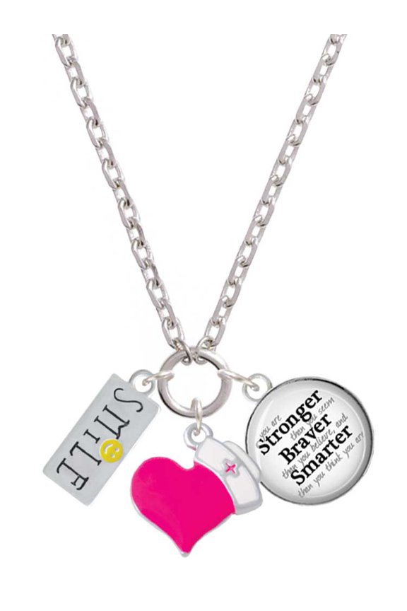 Silvertone Smile with Smiley Face Rectangle - Hot Pink Heart Nurse Strong Zoe Necklace
