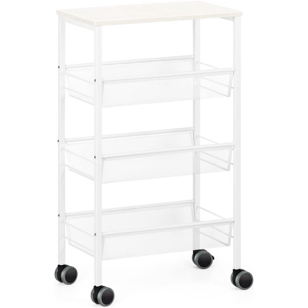 3 Tier Kitchen Storage Rolling Utility Cart with Wood Top, White