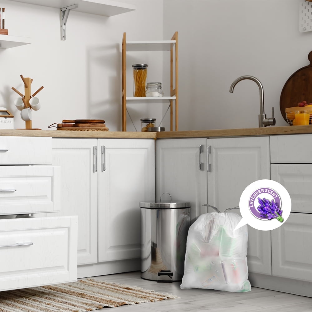 Aluf Plastics 8 Gallon 0.7 MIL White Drawstring Lavender Scented Trash Bags - 22" x 22" - Pack of 200 - For Home, Kitchen, Bathroom, & Office