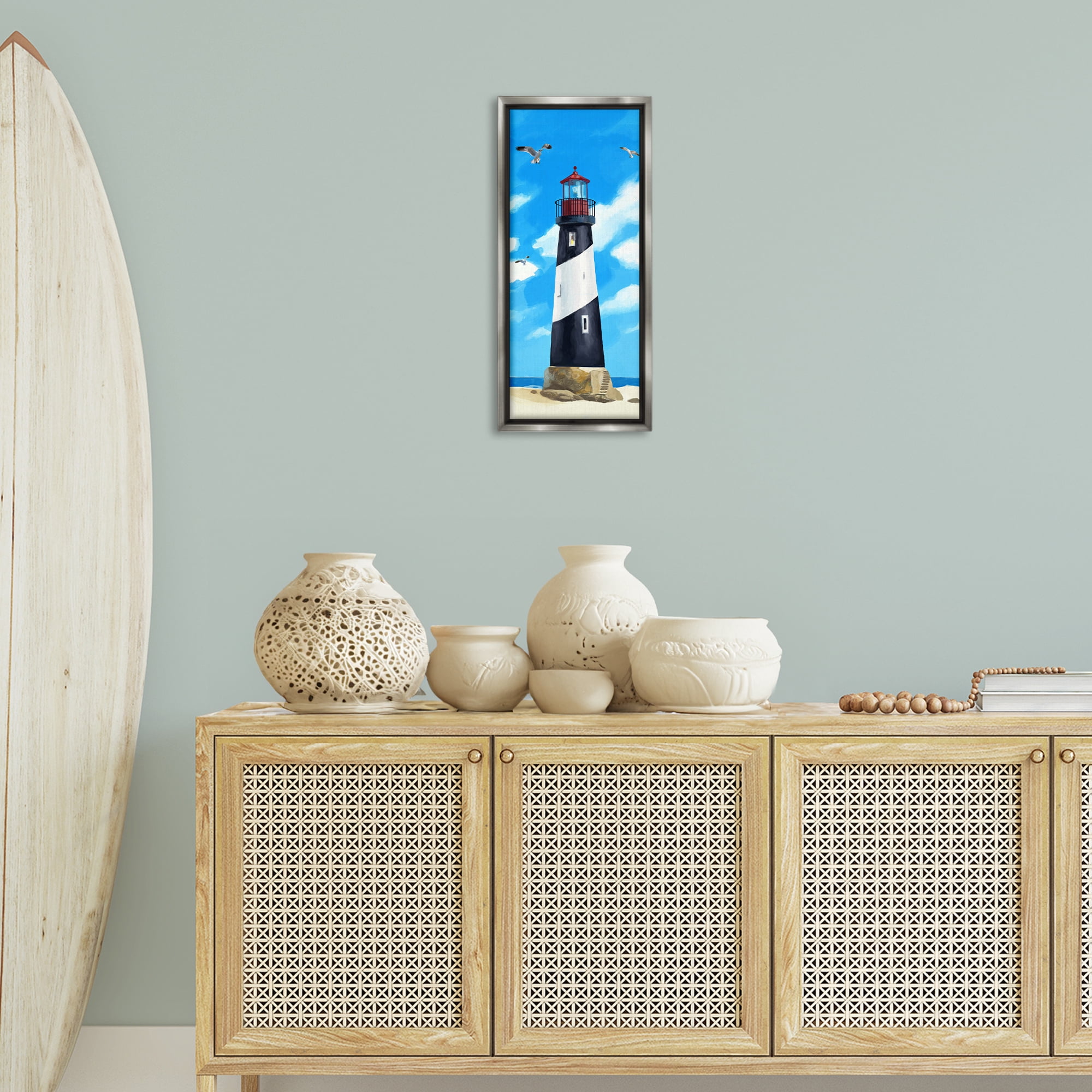 Stupell Industries Lighthouse on Beach Coastal Painting Gray Floater Framed Canvas Art Print Wall Art, 11 x 25