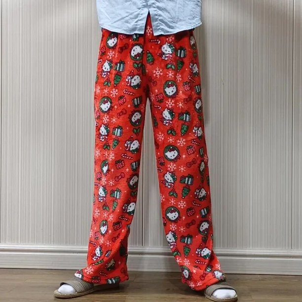Pijama de franela de Hello Kitty para mujer, pantalones cálidos de lana con dibujos animados, informales, a la moda, para otoño e invierno, 2024