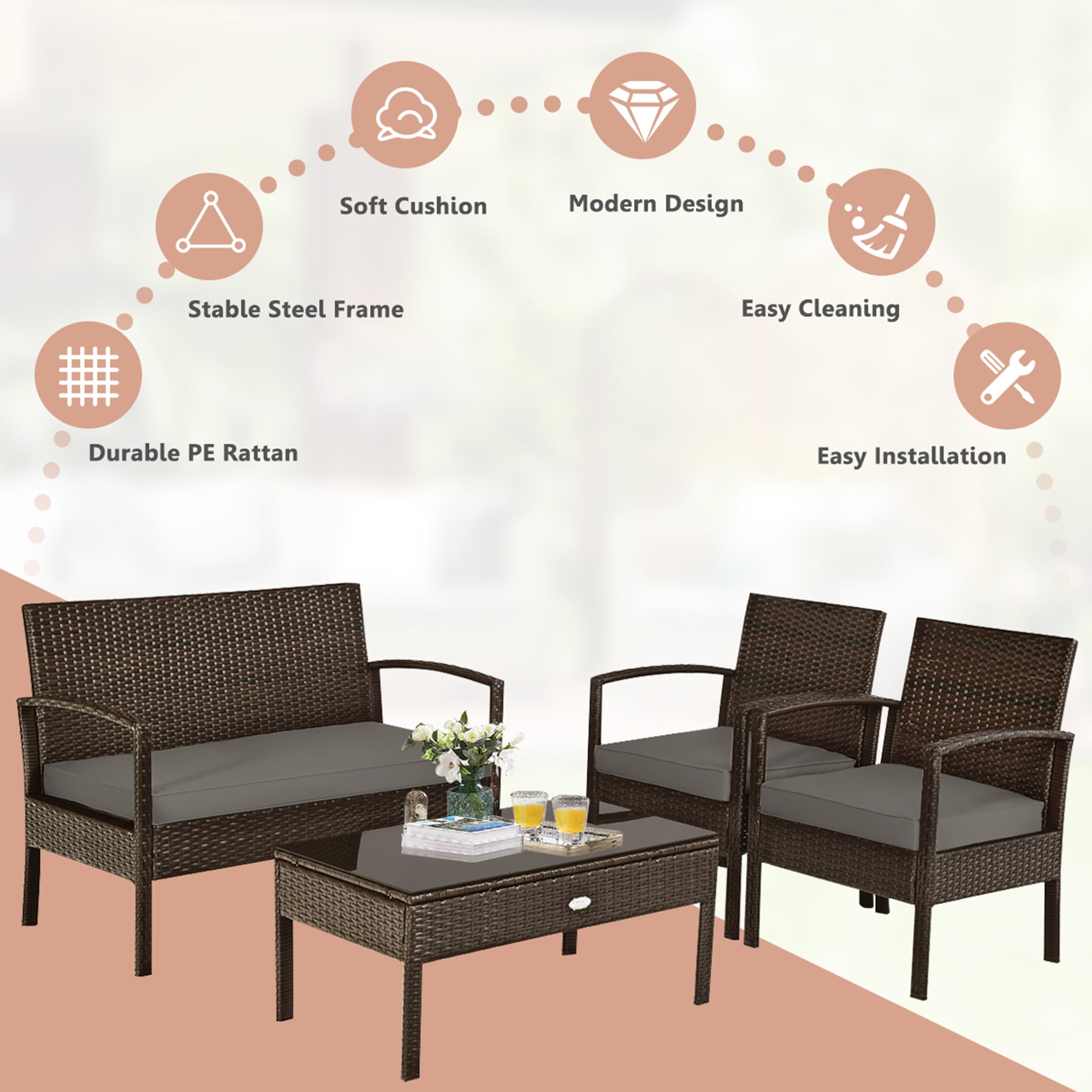 Gymax 4PCS Patio Garden Outdoor Rattan Wicker Furniture Set Brown