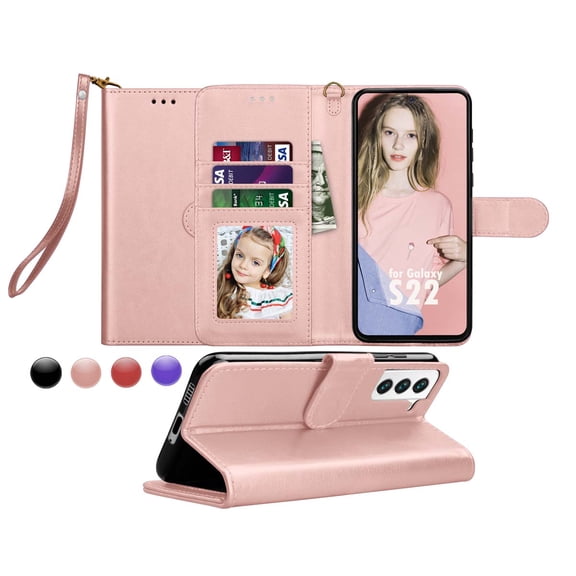 Galaxy S22 6.6" Case, Galaxy S22 6.6" Wallet Case, Galaxy S22 6.6" Leather Case, Tekcoo PU Leather Folio Flip Cover Magnetic Closure TPU Shockproof Protective Case Kickstand Strap -Rose Gold