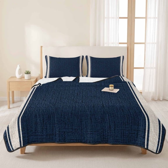 Queen Quilt Set, Vintage Navy Blue Lightweight Quilt Sets Summer Comforter Coverlets with 2 Pillow Shams, Modern Minimalist Stripes Breathable 3 Piece Bedding Set for All Seasons