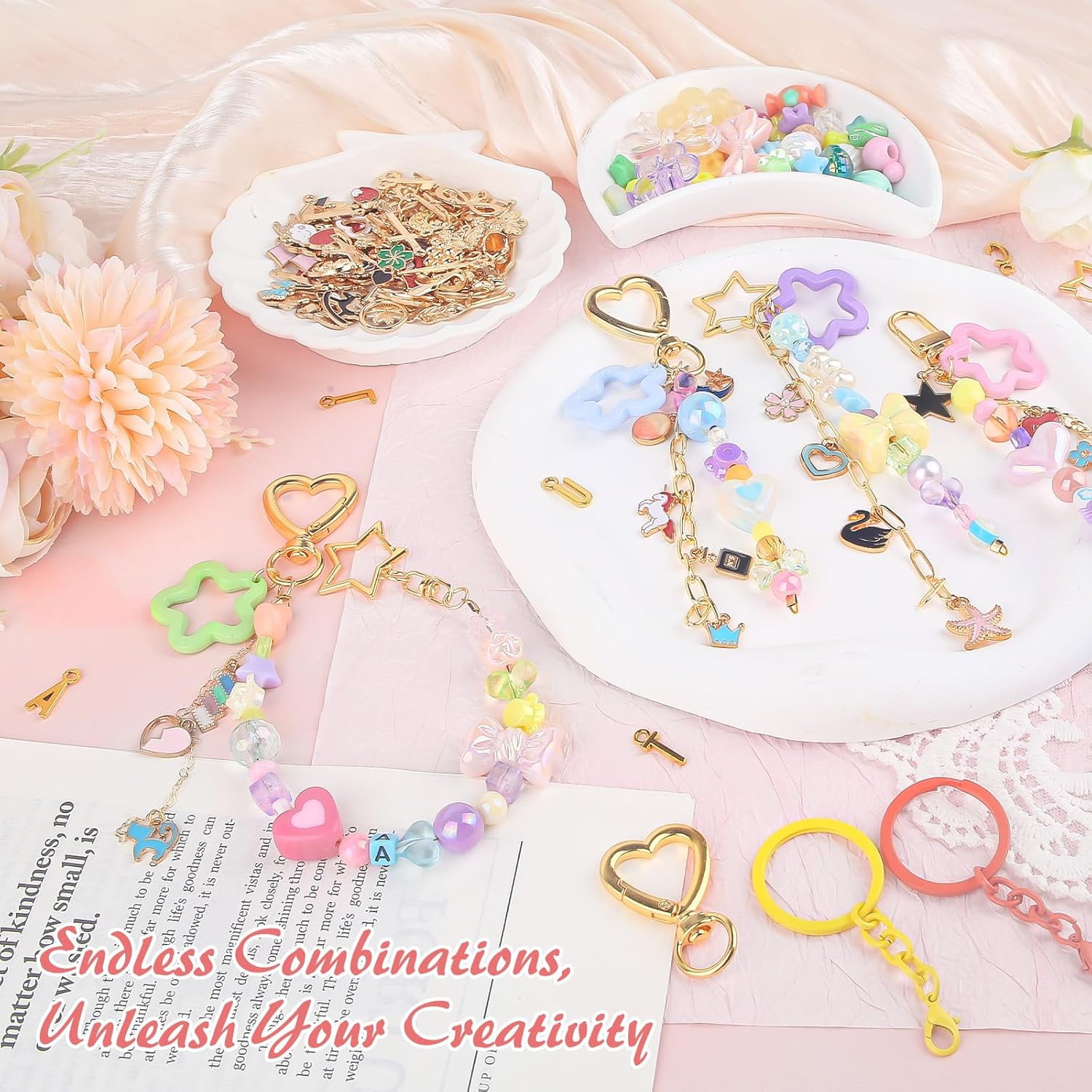 Keychain Making Kit 354 Pcs — Bag Charm Kit with 136 Charms, 25 Extender Chains, 20 Keychain Clips, Beading Accessories ＆ Jewelry Pliers — DIY Crafting and Jewelry Making for Adults