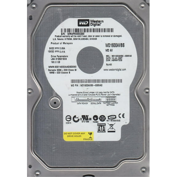 WD1600AVBS-63SVA0, DCM HBRNHT2CB, Western Digital 160GB SATA 3.5 Hard Drive