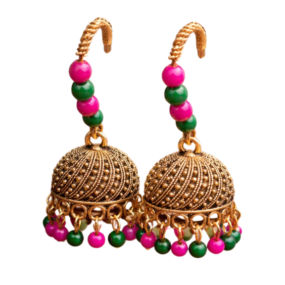 Elegant Traditional Gold Jhumka Earrings with Pink and Green Beads, Ethnic Indian Jewelry for Festive, Wedding, Party Wear