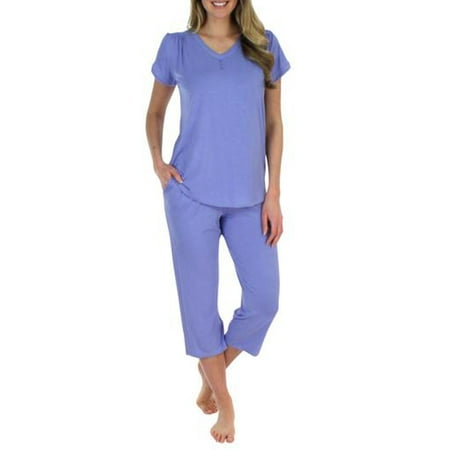 Blue Cotton Pajama - Pajama Heaven Women’s Sleepwear Bamboo Jersey V-Neck and Capri Pajama PJ Set