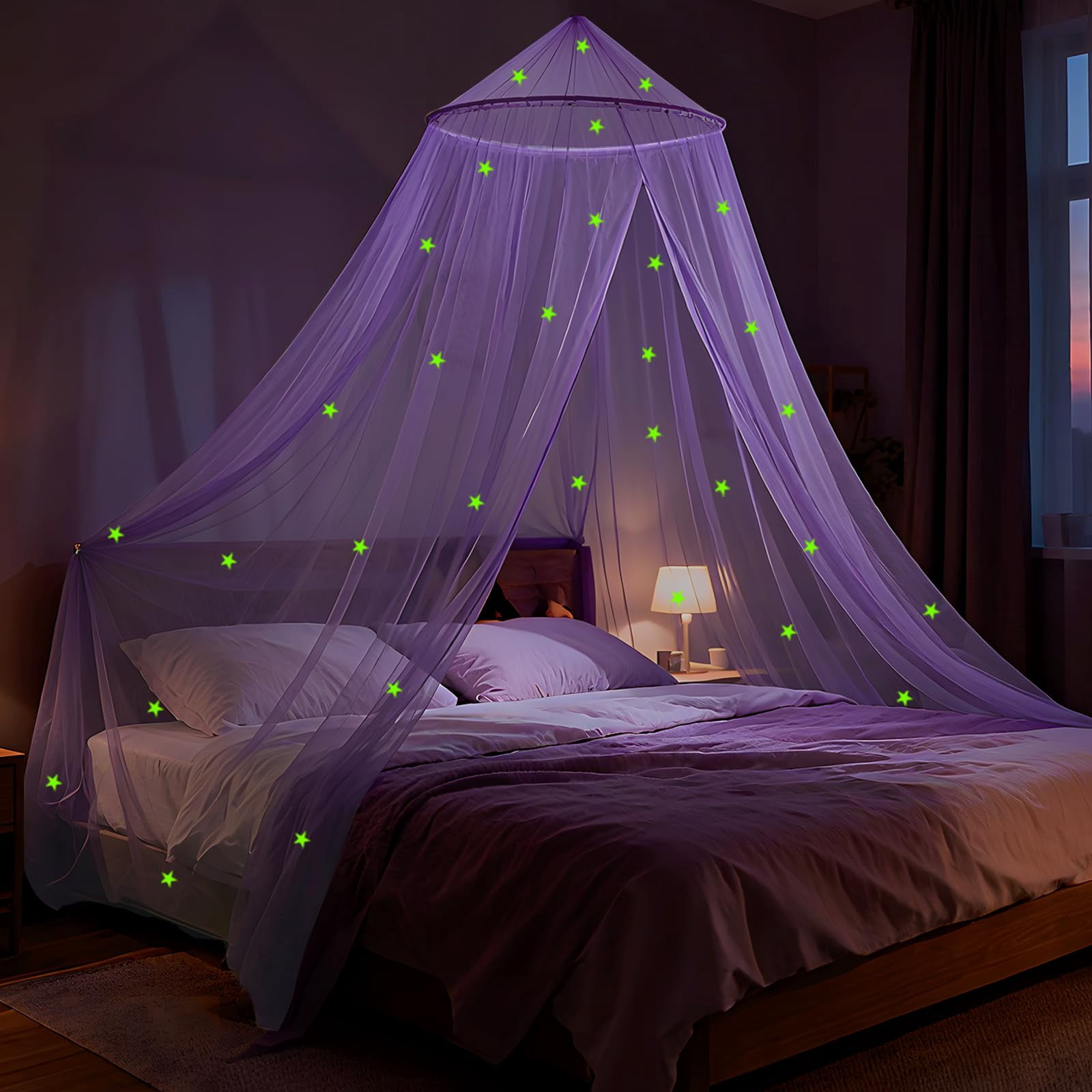 Purple Princess Bed For With Glowing Stars  Curtains Full And Queen Sizes; Ceiling Tent Reading Nooks Mosquito Net Indoor Room Decor Outdoor Use