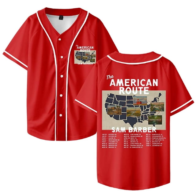 Sam Barber The American Route Tour 2026 Jersey de béisbol camisa con cuello en V mujeres hombres ropa de calle de manga corta,Red,2XL