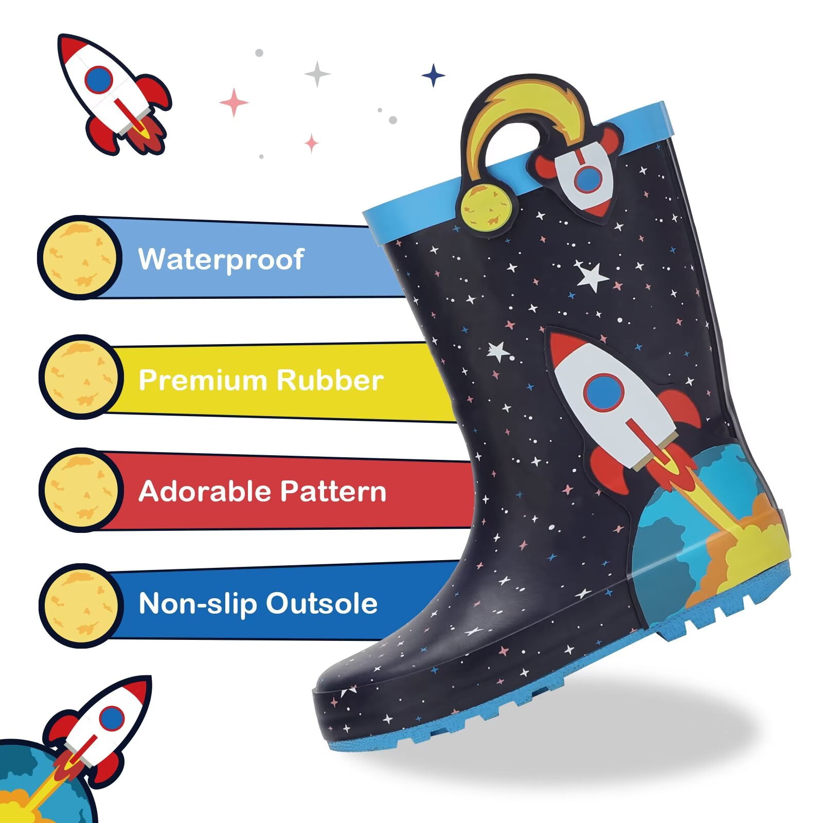 FUNCOO PLUS Toddler Rubber Rain Boots Kids Waterproof Boots for Boys, Rocket, Size 8