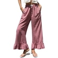 thumbnail image 3 of Women’s Plaid Wide Leg Pants Flared Leg Baggy Drawstring Ruffle Palazzo Pants with Pockets Summer Elastic Waisted Slacks Red M, 3 of 6