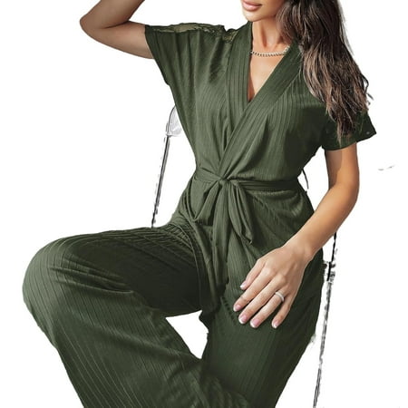 

Casual V neck Pant Sets Short Sleeve Army Green Womens Pajama Sets (Women s)
