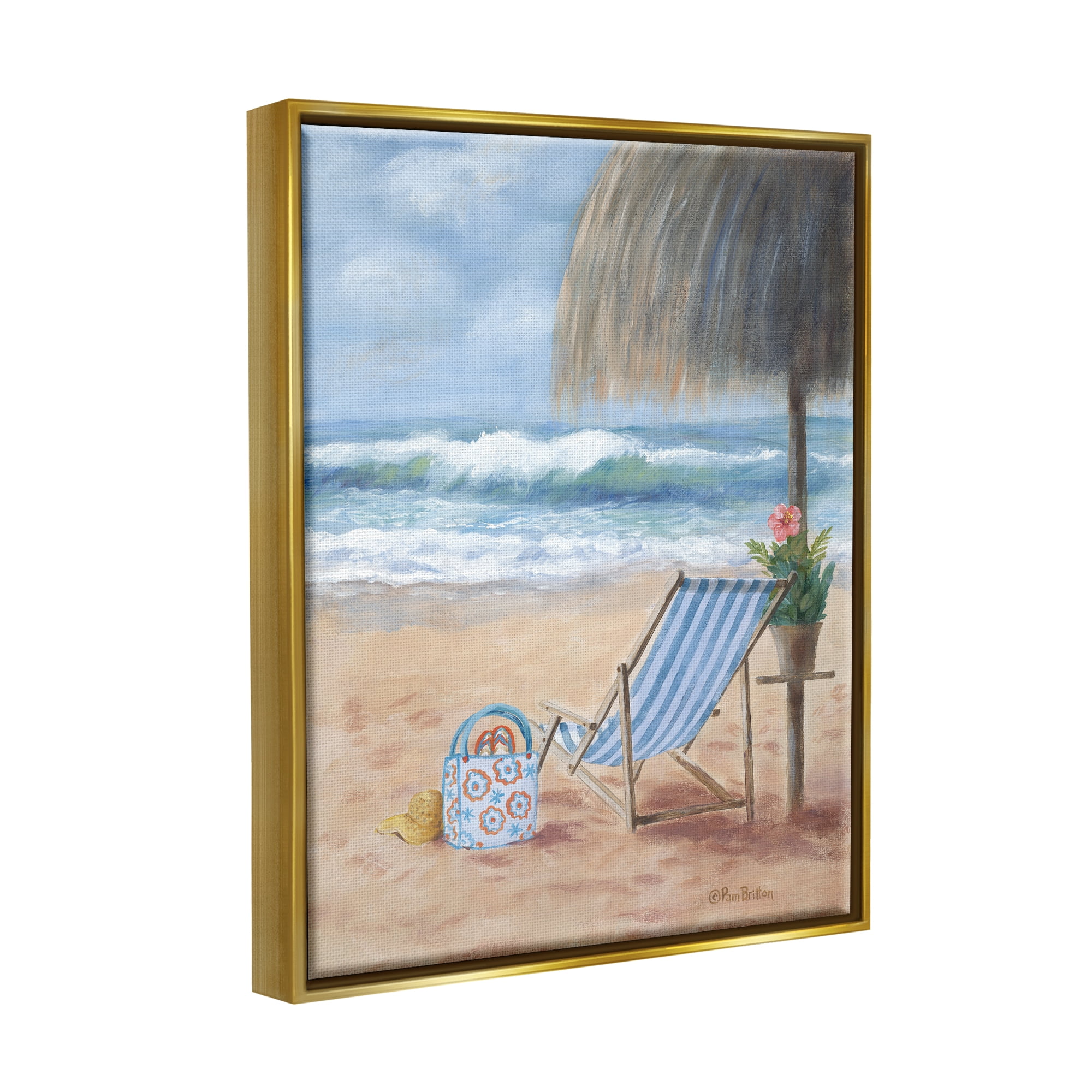 Stupell Beach Chair Tropical Relaxing Vacation Landscape Painting Gold Floater Framed Art Print Wall Art