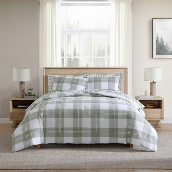 Eddie Bauer - Twin Comforter Set, Premium Cotton Embroidered Bedding With Matching Sham(S), Plaid Home Decor (Mountain Embroidery Plaid Green, Twin)