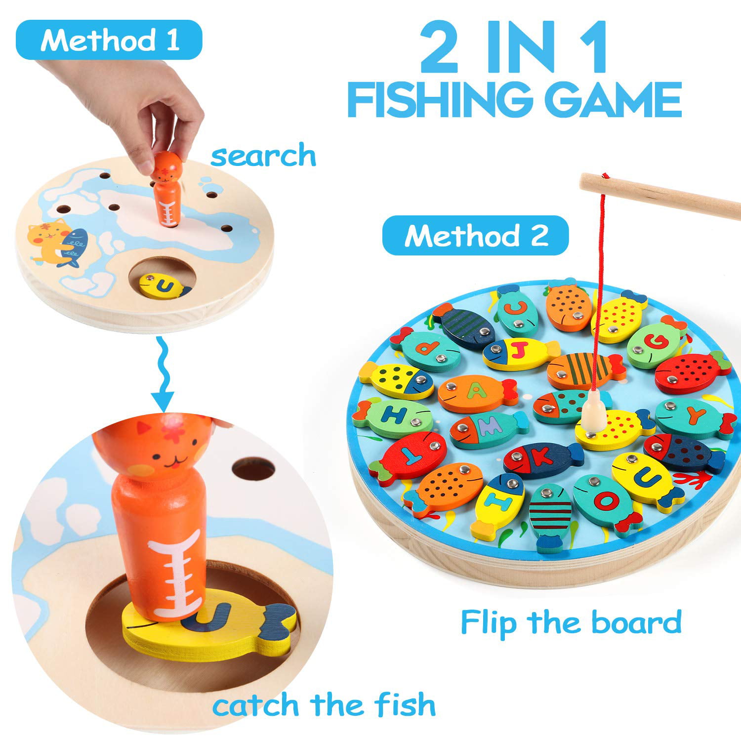 Lewo 30 PCS Magnetic Fishing Game Toddler Wooden Toys Preschool Alphabet  Fish Board Games for 2 3 4 Year Old Girls Boys Kids Birthday Learning  Education Math Toys with Magnet Poles 