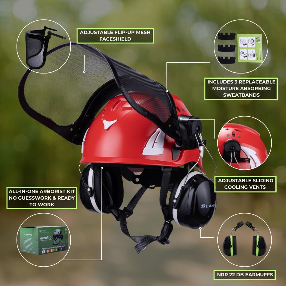 Land Helemts AeroPro ArborKit - Type 1 Class C Forestry Safety Kit - Includes Earmuffs, Faceshield & Safety Helmet - ANSI/ISEA Z89.1 - Red
