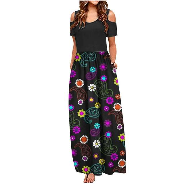 SMihono Robe Maxi Bohème d'Été pour Femmes Grande Taille Mode Décontractée Manches Courtes Épaules Dénudées Imprimé Col Rond Robe de Plage