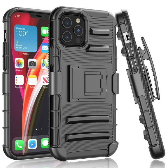 Advanced Armor Hybrid Case with Holster Belt Clip for iPhone 12 / iPhone 12 Pro - Black