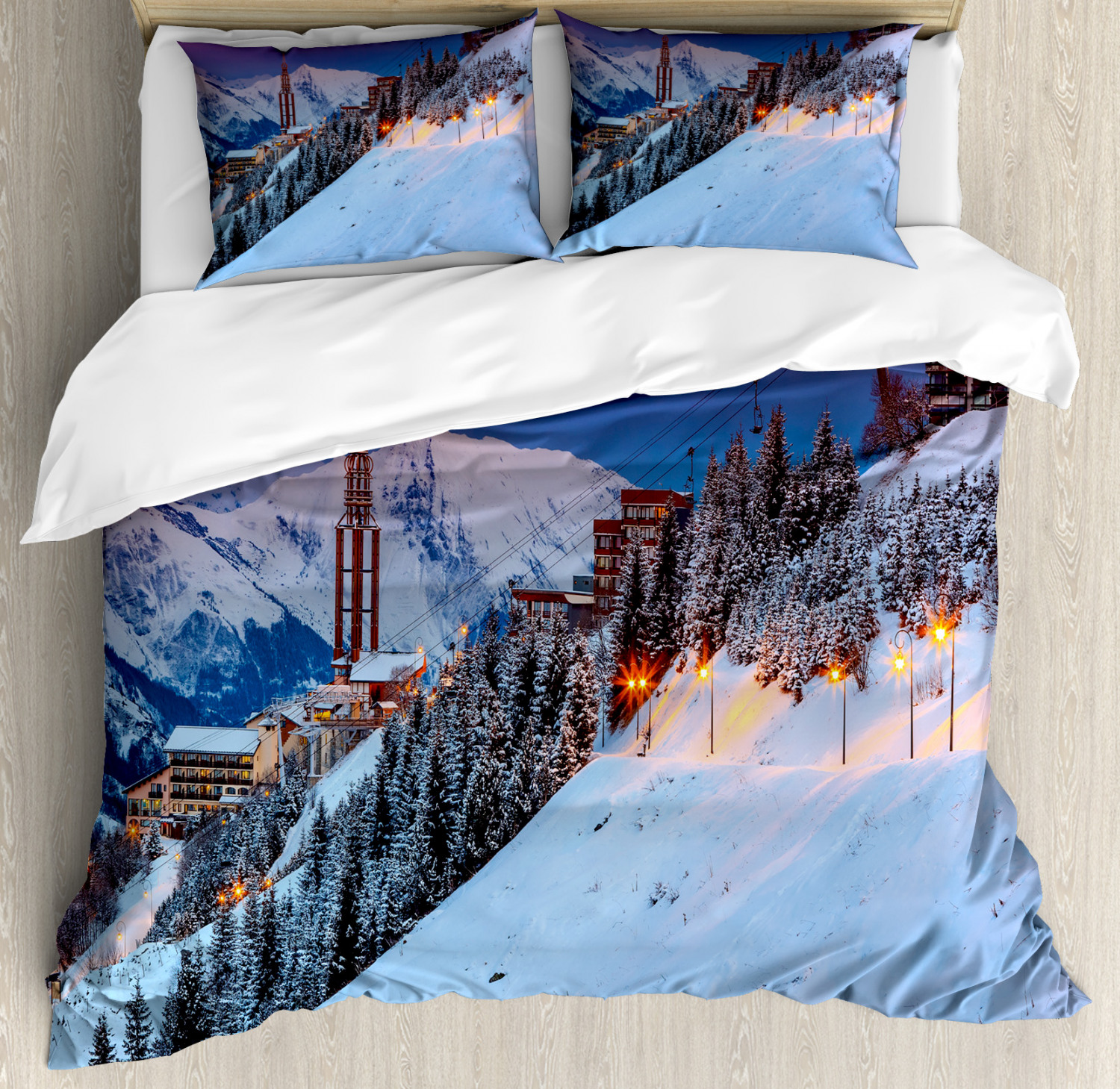 Winter Duvet Cover Set, Majestic Winter Sunrise Landscape and Ski