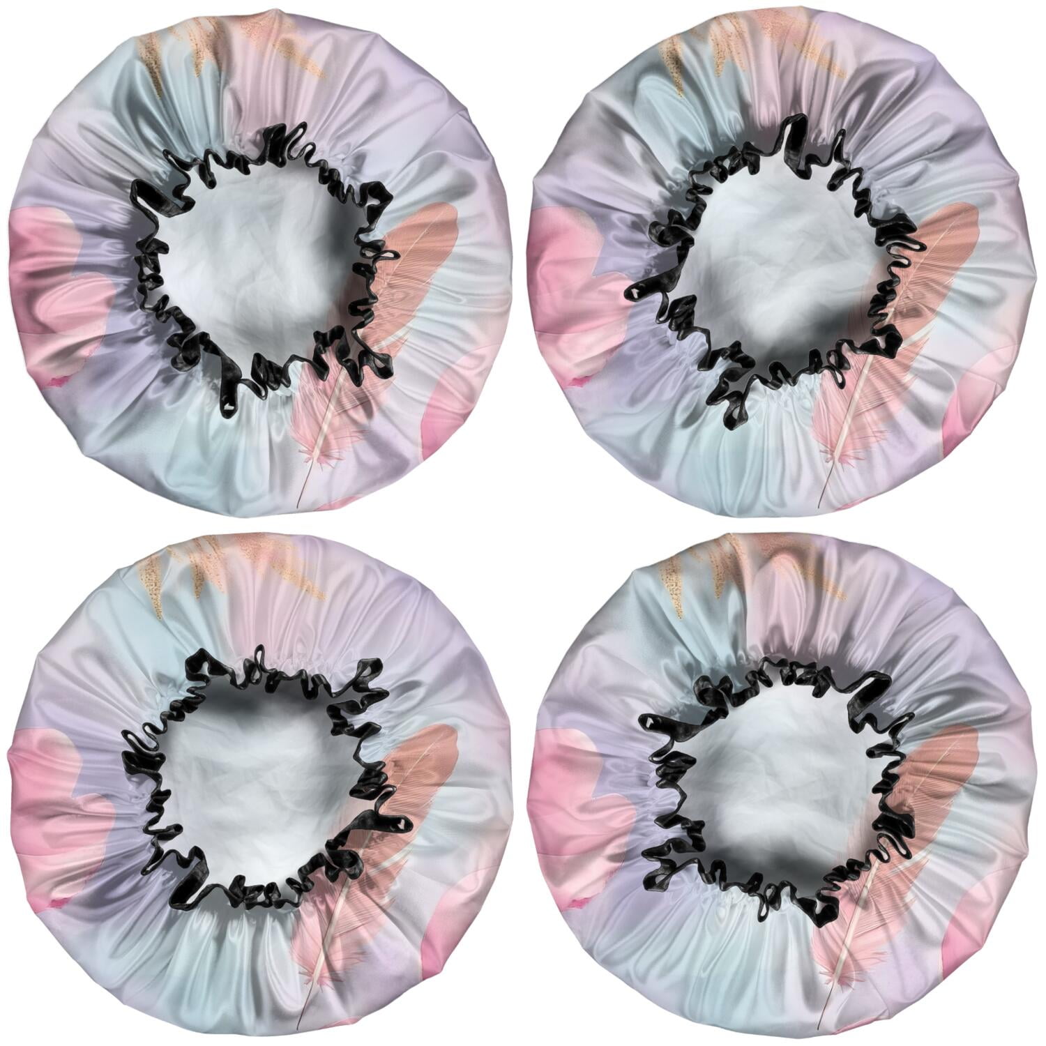 Shower Caps,Gilded Floral Watercolor Pattern Waterproof Shower Cap for Women 4 Pieces,Double Reusable Hair Cover for Shower PEVA Elastic Stretch Hem