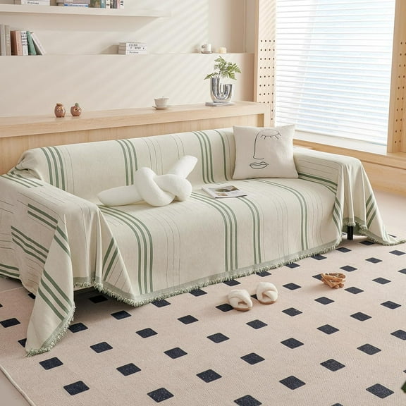 Couch Cover Washable Sofa Protector for Pet Beige Green Loveseat Couch Covers for 2 Cushion Couch Stripe Jacquard Versatile Sofa Throw Slipcover for Futon Couch, 71"x102"