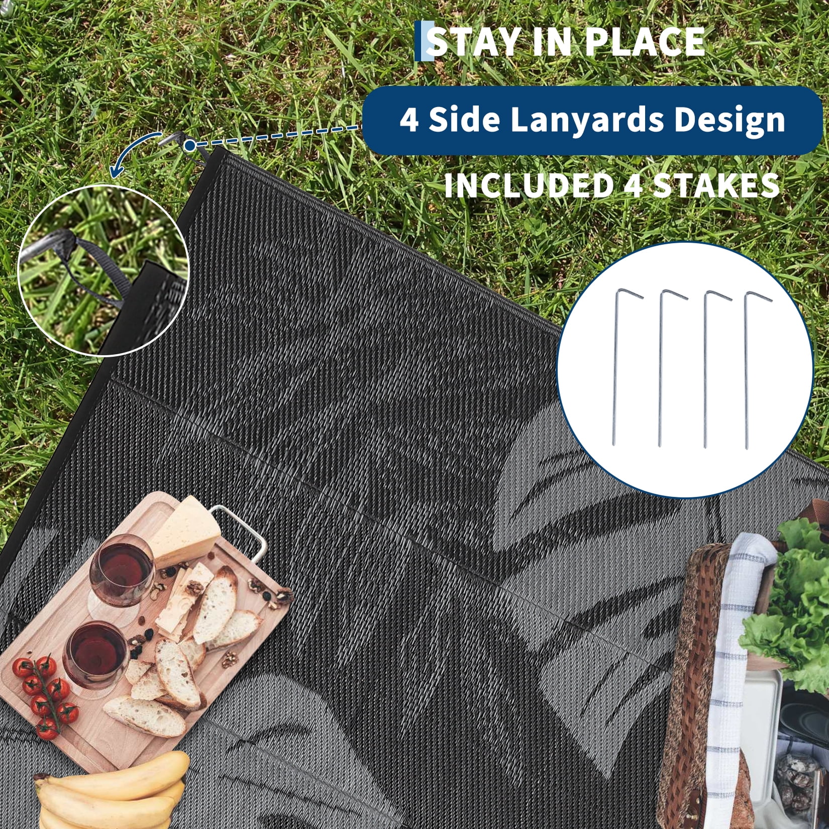 Hasoo 9' x 12' Black/Gray Outdoor Rug Plastic Straw Rug Bohemia Carpet Waterproof PP Tube Woven Portable Mat for Patio Decor, Balcony, Picnic