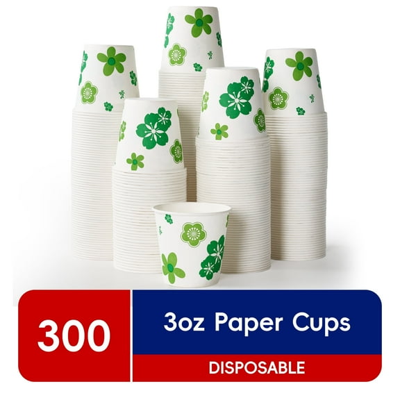 JOLLY CHEF [300 Pack] Paper Cups, 3oz Disposable Bathroom Cups, Mouthwash Cups, Cold Disposable Drinking Cup for Party, Picnic, BBQ, Travel, and Event, Green Floral