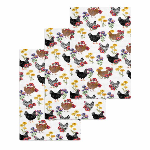 Farmhouse Rooster Kitchen Dish Towels for Drying Dishes Set of 3, Country Watercolor Flowers Wood Grain Waffle Weave Microfiber Hand Tea Bathroom Towels Quick Dry & Absorbent Towel 15.7x23.6