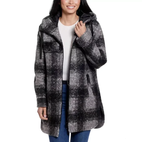 Weatherproof Women's Poly Boucle Zip Jacket L Black Plaid