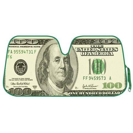 Double Bubble Windshield - Hundred Dollar Bill Auto Sun Shade for Car SUV Truck - Green Benjamin Franklin - Double Bubble Foil Jumbo Folding Accordion for Windshield