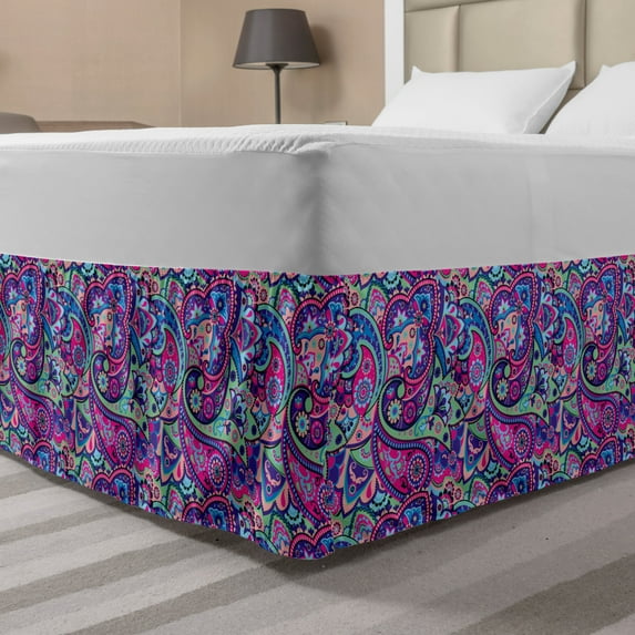 Navy and Blush Bed Skirt, Pattern Based on Traditional Elements Paisley Old Fashioned Floral, Elastic Bedskirt Dust Ruffle Wrap Around for Bedding Decor, 4 Sizes, Multicolor, by Ambesonne