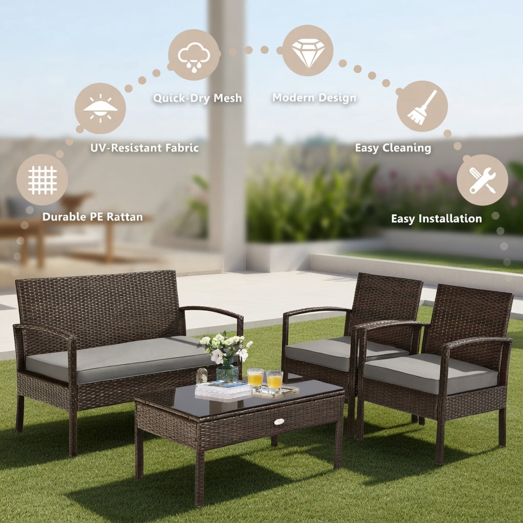 Hommoo 4-Piece Outdoor Rattan Patio Furniture Set, PE Wicker Loveseat, 2 Armchairs, and Coffee Table with Removable Cushions, Brown