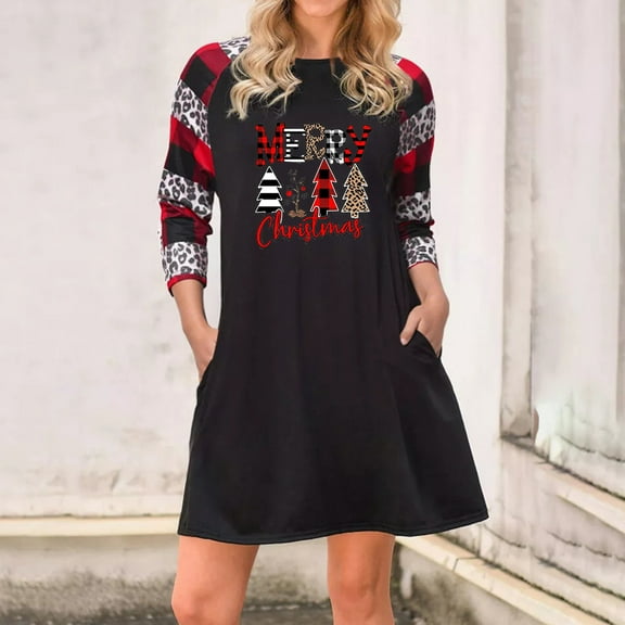 BLTIBY Christmas Sweatshirt Dress for Women 2024 Xmas Print Winter Fall Round Neck Soft Casual Long Sleeve Fashion Pullover Dresses Outfit with Pockets Trendy Black L