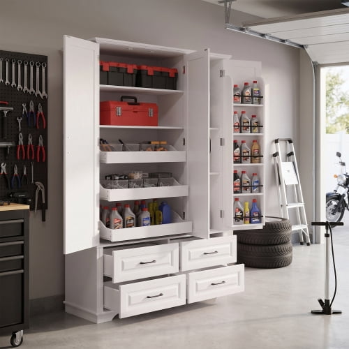 72-Inch Kitchen Pantry Cabinet with 3 Pull-Out Trays, Farmhouse Embossed Wood Grain Storage Cabinet with 5 Door Racks, Rustic Freestanding Cupboard for Home Kitchen and Dining Room, White