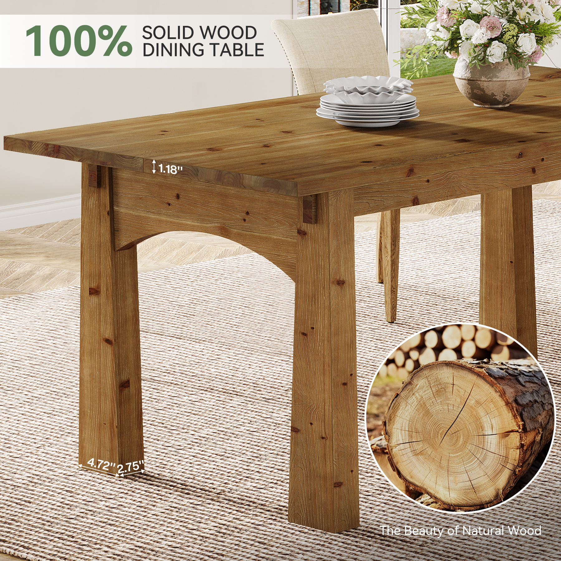 Solid Wood Dining Table for 4-6, 63" Farmhouse Kitchen Table Rectangular Dinner Tables
