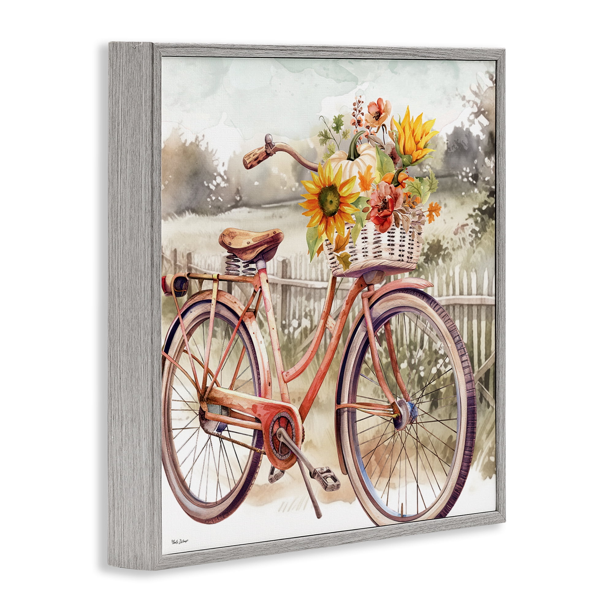 Stupell Industries Autumn Floral Bicycle Botanical & Floral Painting Gray Framed Art Prints Wall Art, 12 x 12