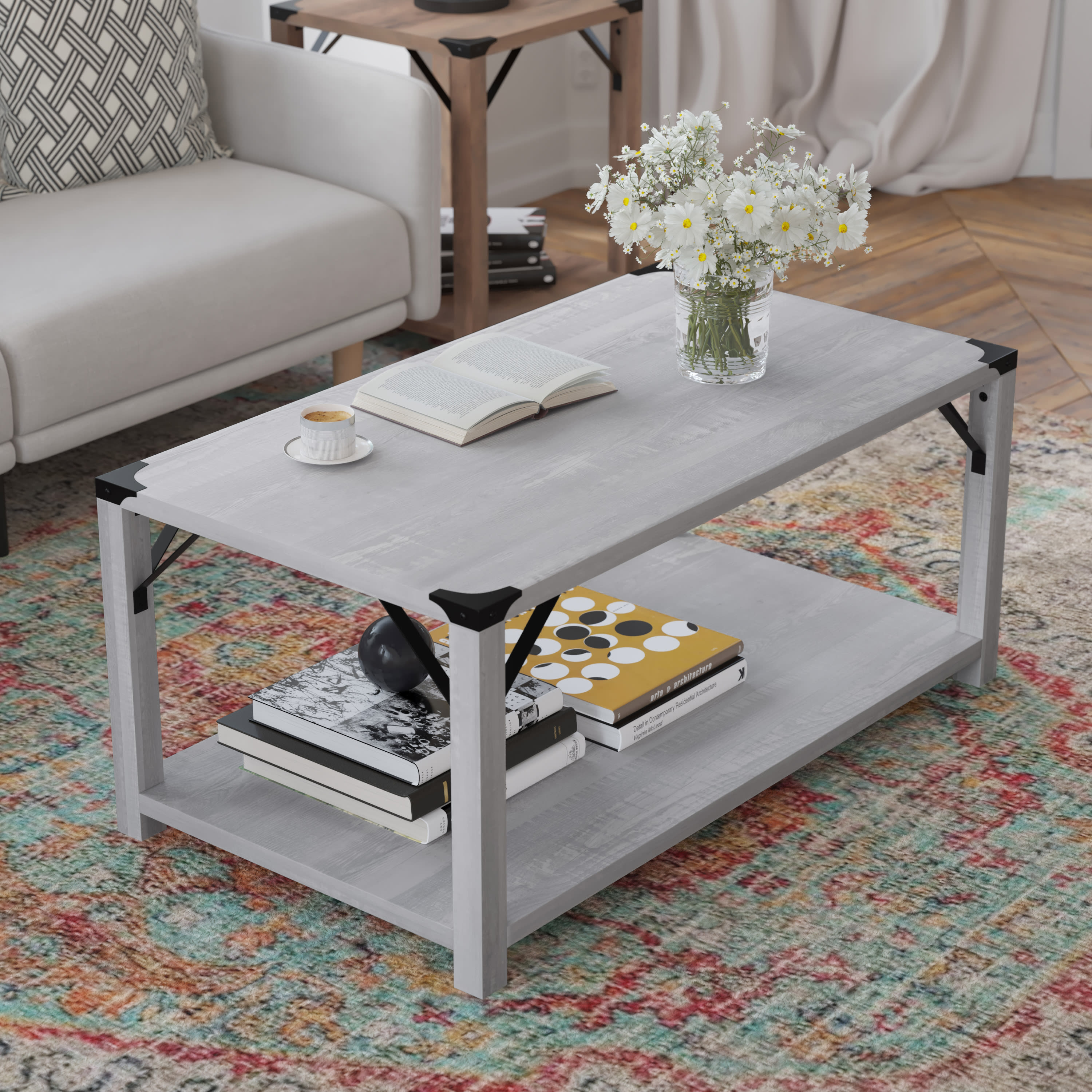 BizChair Modern Farmhouse Wooden 2 Tier Coffee Table with Black Metal Corner Accents and Cross Bracing, Aspen Gray