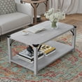 thumbnail image 3 of BizChair Modern Farmhouse Wooden 2 Tier Coffee Table with Black Metal Corner Accents and Cross Bracing, Aspen Gray, 3 of 11