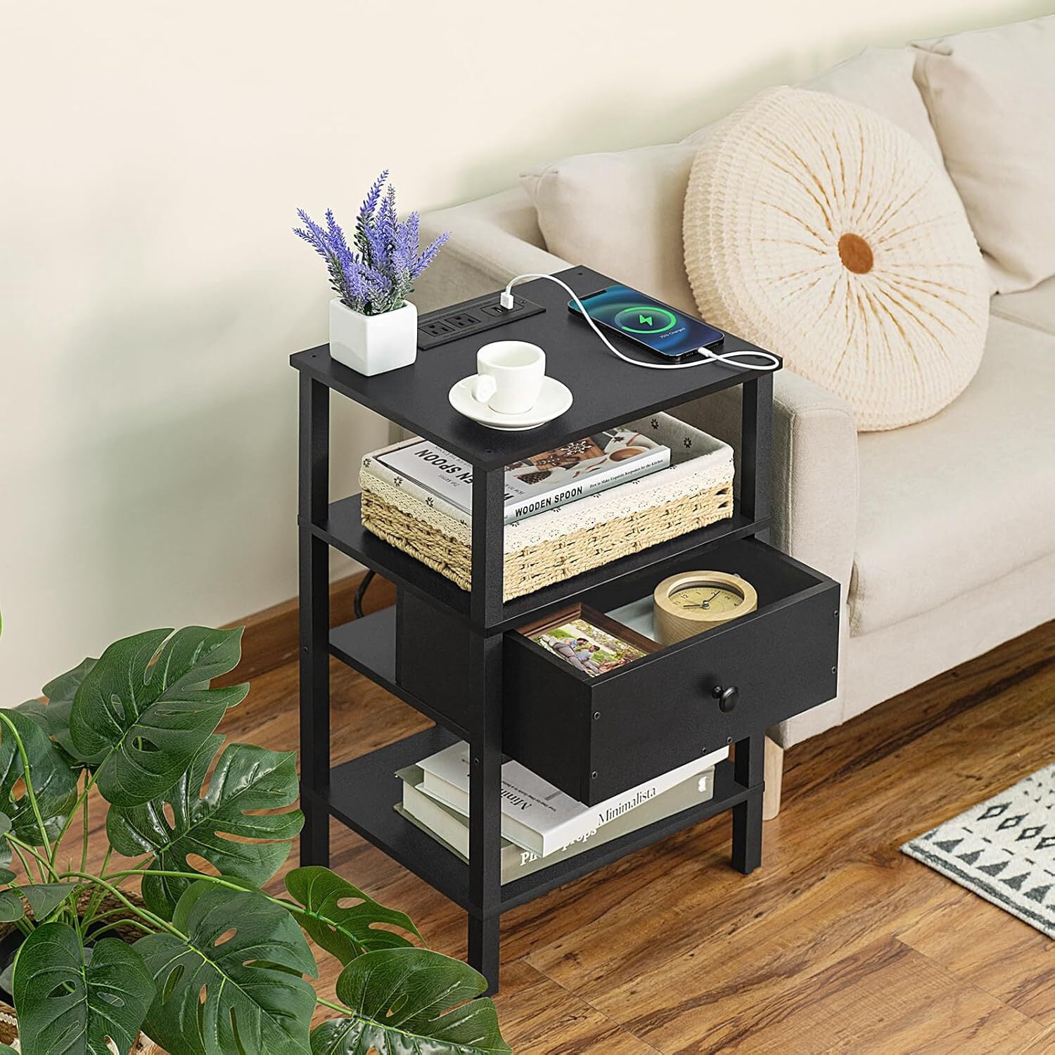 LEYAOYAO 3-Tier Narrow End Table with Charging Station, Wood Side Table for Living Room, Black