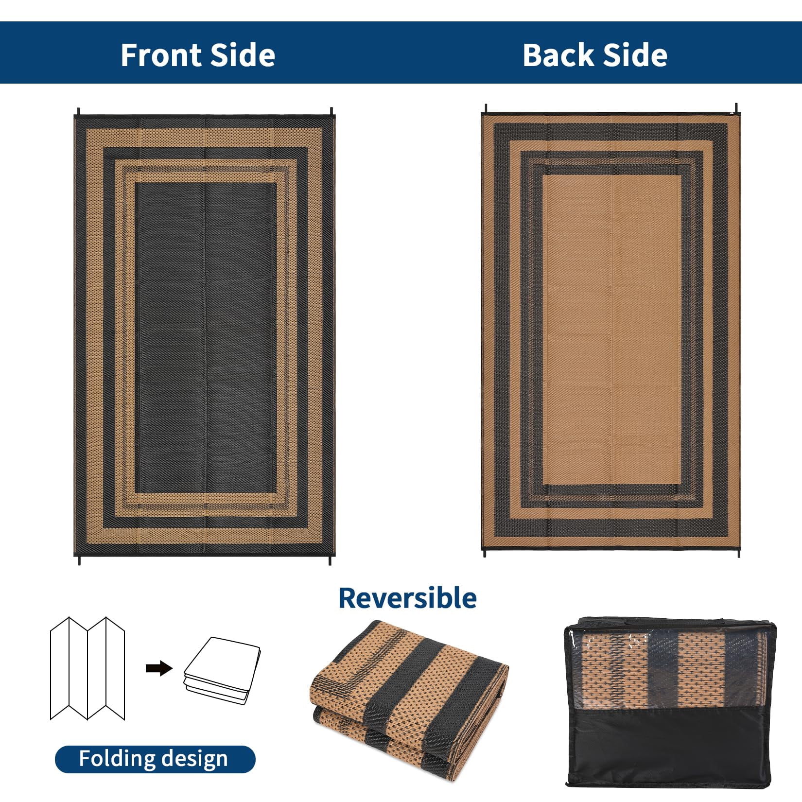 Outdoor Plastic Straw Rug 8x10 Reversible Patio Rug Outdoor Rugs Waterproof Camping Rugs Portable Outside Floor Mat for RV Porch Balcony Patio Camping Picnic Beach Black/Brown Panel