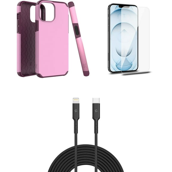 Bemz iPhone 13 Mini Bundle: Dual Layer Shockproof Protection Case, Glass Screen Protectors (2-Pack), USB-C to Lightning Cable (3.3ft/1m) and Touch Tool Keychain - Pink Wine
