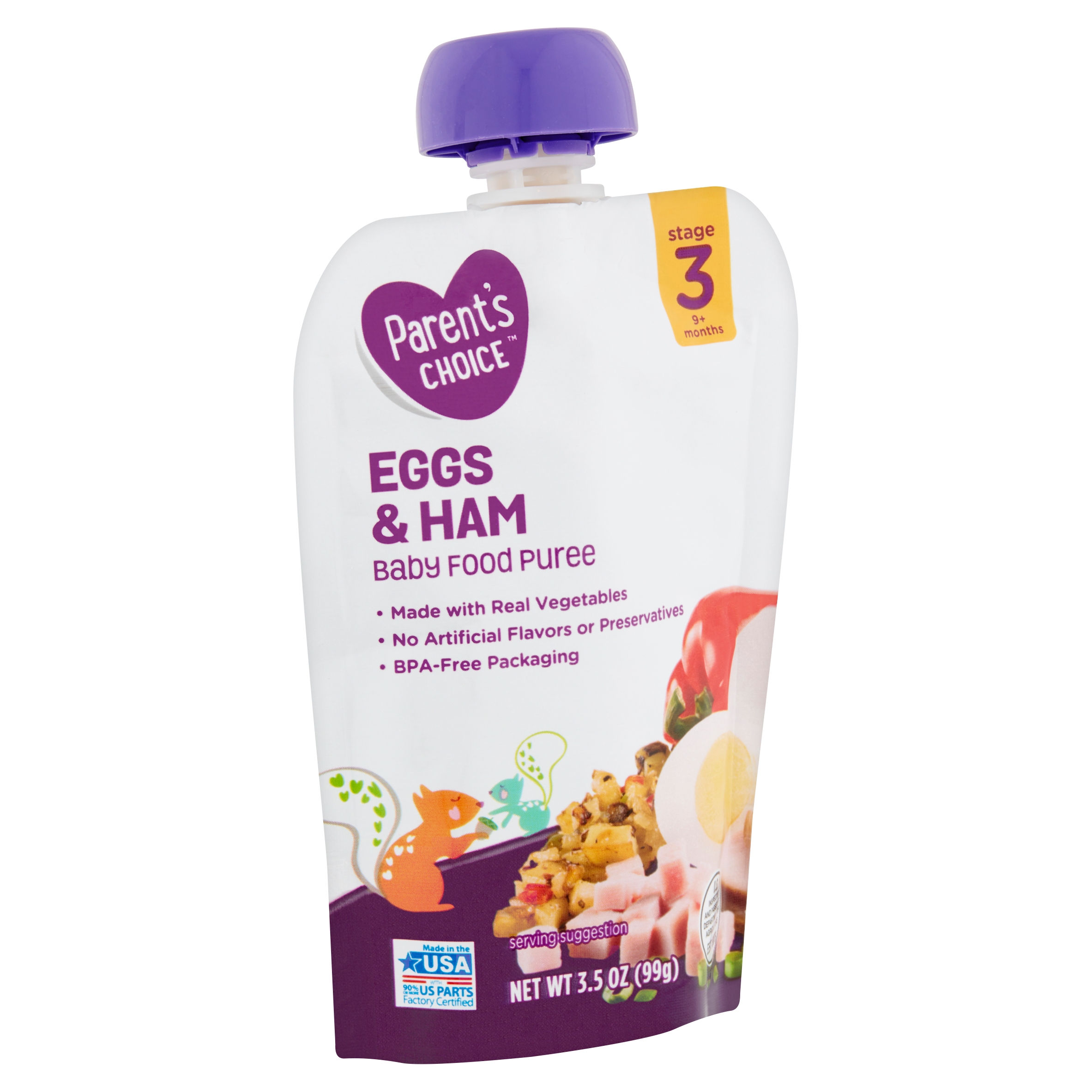 Parent's Choice Eggs & Ham Baby Food Puree, Stage 3, 3.5 oz Pouch