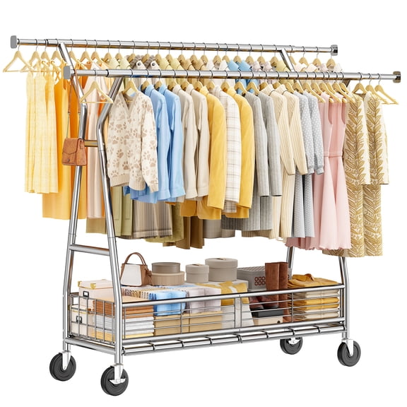 Rolling Clothing Rack with Wheels,Double Rod Garment Rack with Bottom Basket, Heavy Duty Portable Closet for Bedroom & Laundry Room, Adjustable 42"-65",Chrome