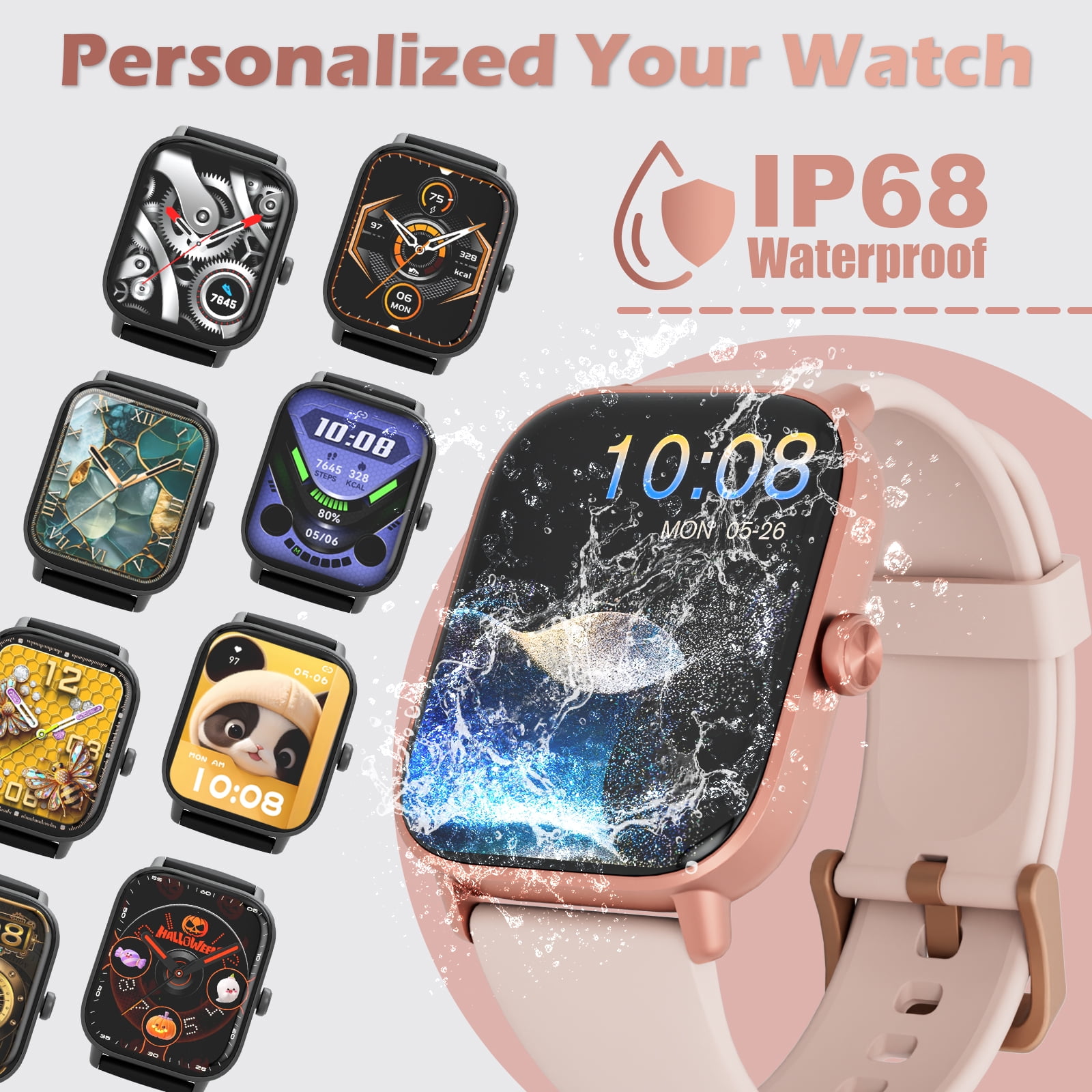 SANPTENT Smart Watch Compatible with Android and iPhone, 1.83" HD Touchscreen, Answer/Make Calls/100+ Sports Modes/Message Reminder, IP68 Waterproof, Pink
